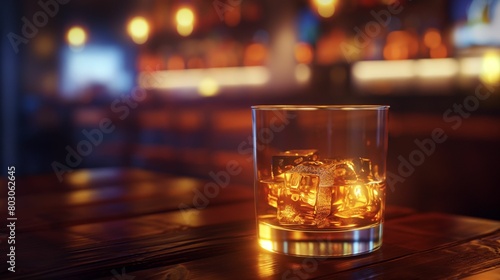 A single glass of whiskey filled with ice, sitting on a wooden bar counter.