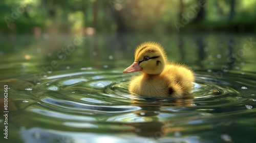 Image of duckling swimming on calm water.