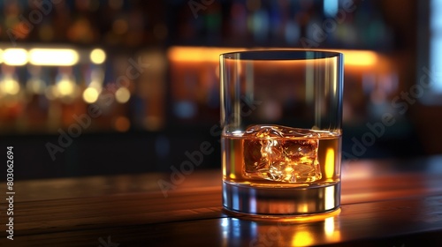 A single glass of whiskey filled with ice, sitting on a wooden bar counter.