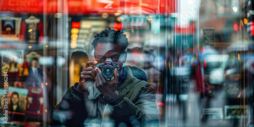 Street photographer capturing the essence of urban life, his reflection seen in a store window amidst the citys hustle and bustle.