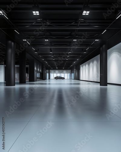 Modern gallery interior with single car exhibit, sleek design, monochrome palette © DemYanOff