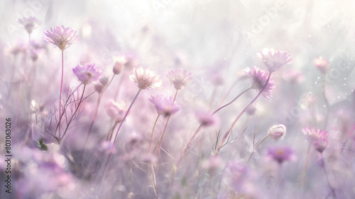 Dreamlike field of purple flowers bathed in a soft, glowing light with a misty background.