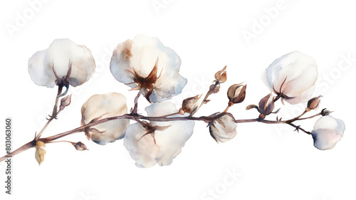 Delicate watercolor painting of a cotton branch, showcasing fluffy cotton bolls and slender twigs. photo