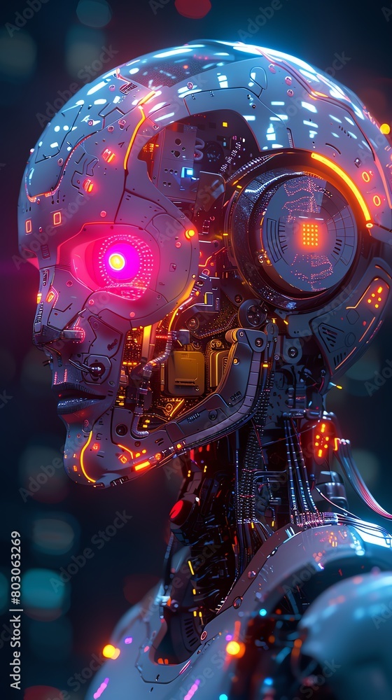 A 3D rendering of a futuristic robot or cyborg brain with neon accents and circuitry A 3D rendering of a futuristic robot or cyborg brain with neon accents and circuitry