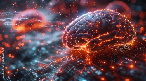 An artistic rendering of neurons firing in the brain, surrounded by glowing neon circuits