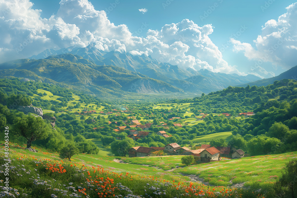 Rural Harmony: A tranquil countryside scene depicting quaint villages, lush farmlands, and rolling hills, highlighting the peaceful coexistence and harmonious living of rural popul