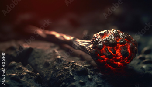 Glowing ember on a dark rocky surface, emitting an intense, fiery red glow photo