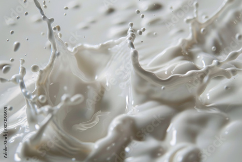Close-up of milk splash with droplets, capturing the dynamic motion and texture