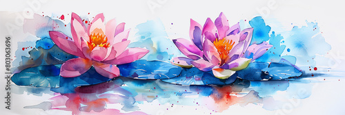 Watercolor painting of lotus in water.