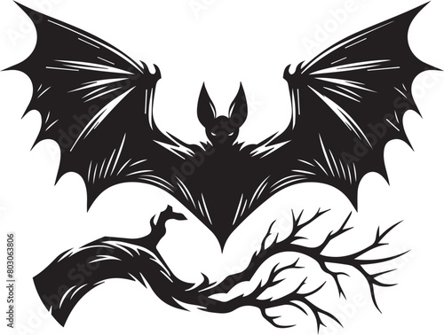 Flying bat on a branch vector illustration for traditional Halloween.