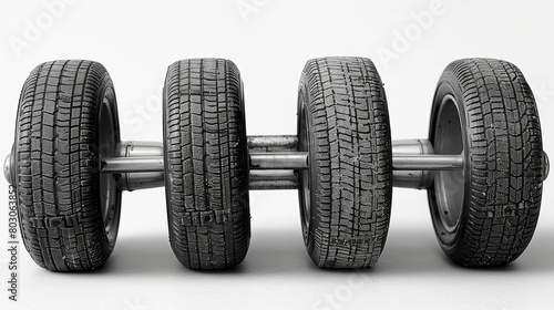 Four tires stacked on top of each other. The tires are black and white