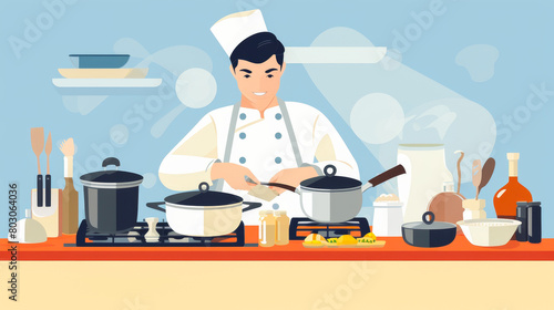 Culinary influencer preparing dish amid pot and utensil icons