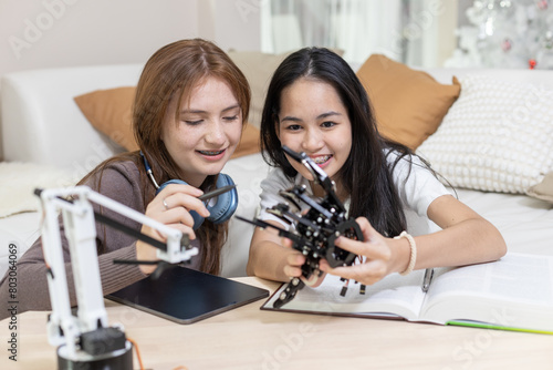 Happy two girl teen smile with braces students education stem hand robot model study in classroom. Learning innovation robot electronic for future AI. System skill training. STEM education