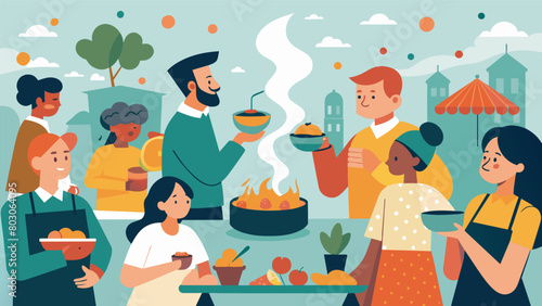 The scent of freshly cooked food wafts through the air enticing hungry marketgoers to stop and grab a bite to eat.. Vector illustration