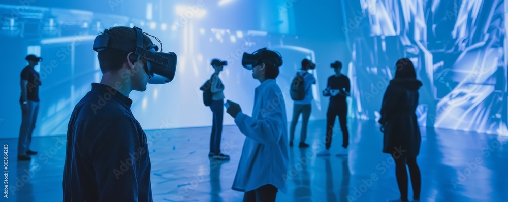 Group Experiencing Virtual Reality with VR Headsets, Engaging in an Immersive Multi-User Digital Interaction