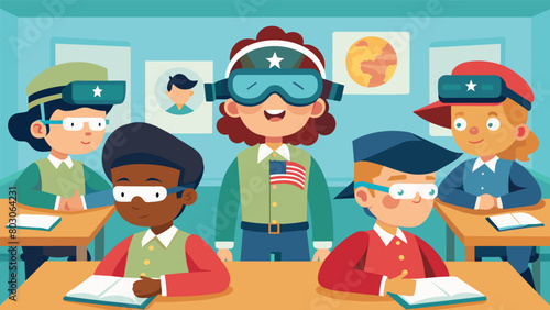 A group of children sit eagerly in a classroom wearing virtual reality headsets as they learn about the events of the Revolutionary War in a more. Vector illustration