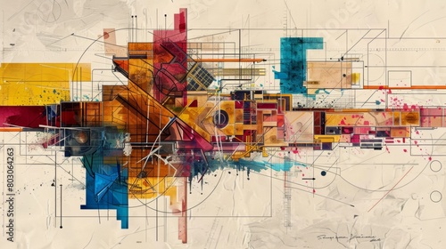 An abstract geometric painting featuring an explosion of colors including blue, orange, and red, overlaid with intricate line work and sketch-like elements.