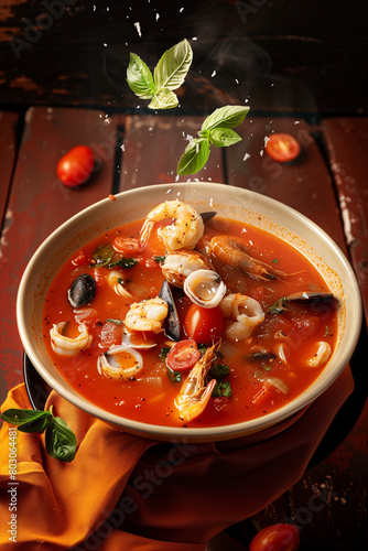 Steamy seafood soup in a bowl with basil, on a dark wooden table photo