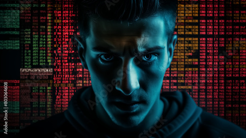 A dramatic portrait of a young man with piercing eyes, highlighted by a background of glowing digital data codes in red and green. 