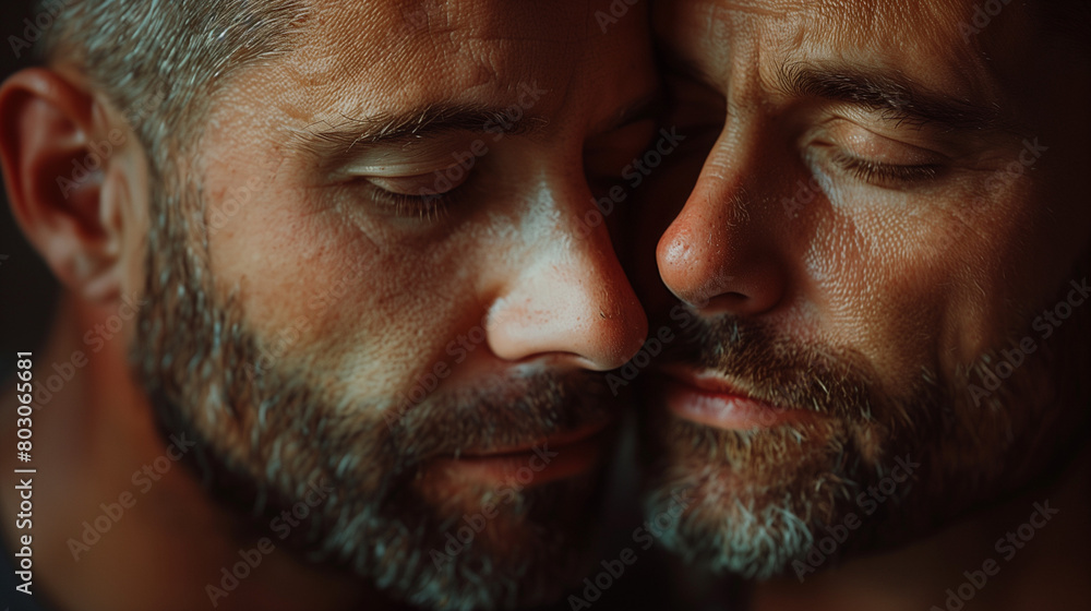 Close-up of two mature men intimately touching foreheads, eyes closed. Close-up of two mature men intimately touching foreheads, eyes closed.