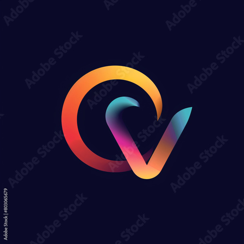 Colorful, modern letter V intertwined with a circle on a dark background. photo