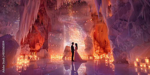 A couple stands in a candlelit ice cave, under a canopy of lights photo