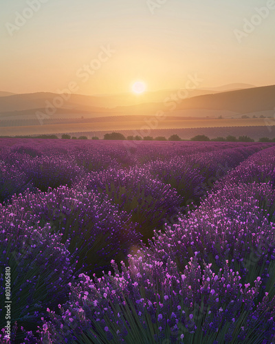 sunrise over a lavender field with mountains in the background. photo