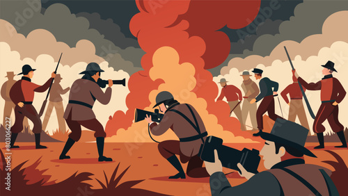 A group of photographers carefully maneuver through the smoke and debris of a simulated battlefield capturing the intense emotions of soldiers as they. Vector illustration