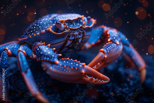 close-up of a blue crab with orange spots against a dark, bokeh background. photo