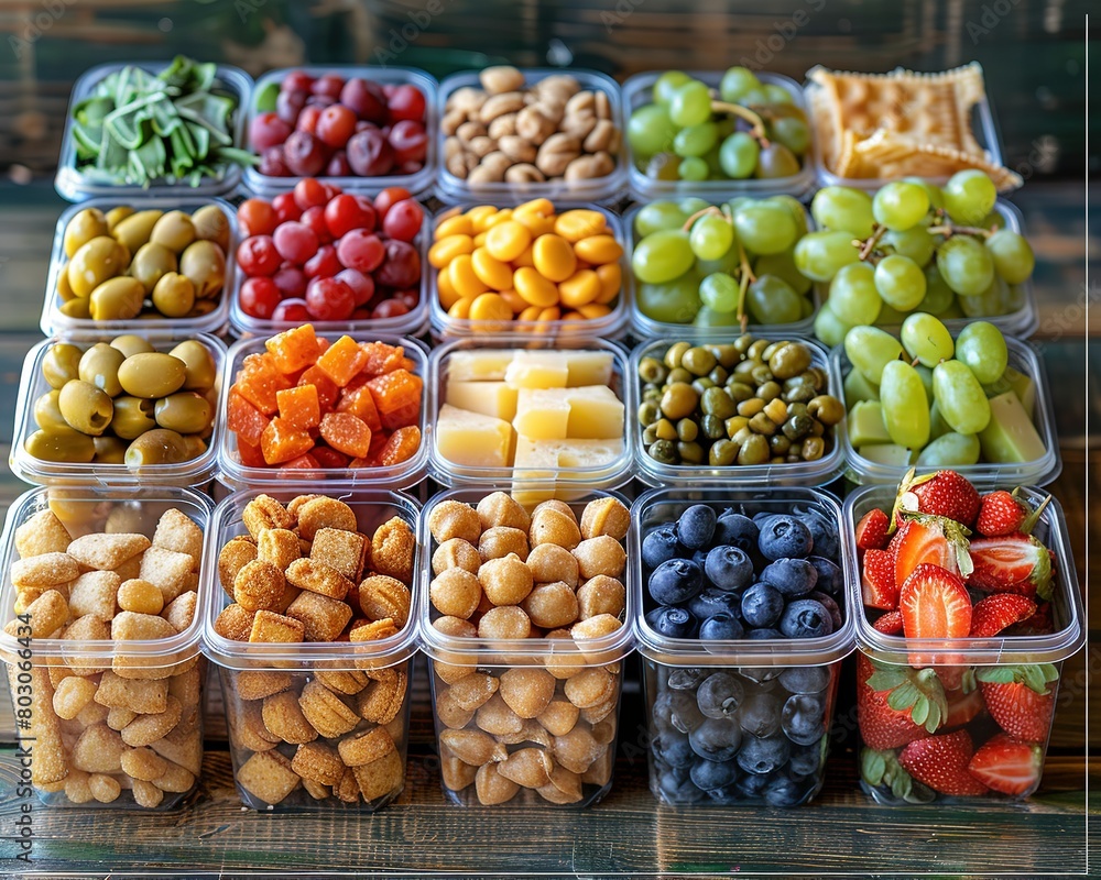 A vibrant and organized display of various healthy snacks, including fresh fruits, nuts, and cheeses, neatly arranged in clear storage containers for easy access.