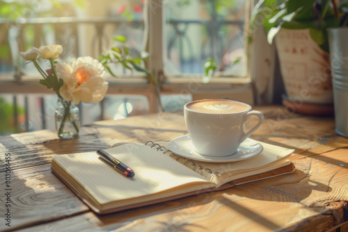 The table with a hot coffee cup, Morning atmosphere, notebook, pen, and Space on the side. © PHAISITSAWAN
