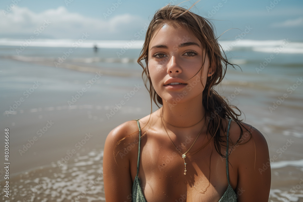 Caucasian woman in bikini looking at camera with confidence at the beach. Caucasian woman in bikini looking at camera with confidence at the beach.
