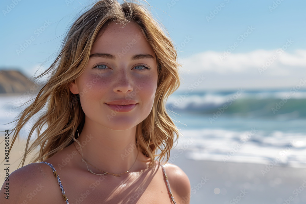 Caucasian woman in bikini looking at camera with confidence at the beach.
