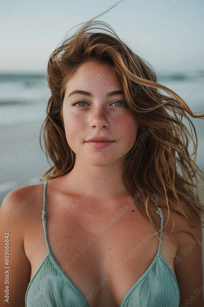 Caucasian woman in bikini looking at camera with confidence at the beach. Caucasian woman in bikini looking at camera with confidence at the beach.