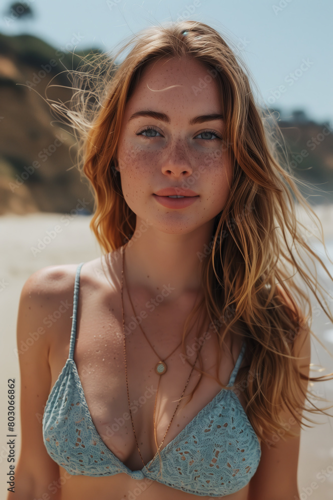 Caucasian woman in bikini looking at camera with confidence at the beach. Caucasian woman in bikini looking at camera with confidence at the beach.
