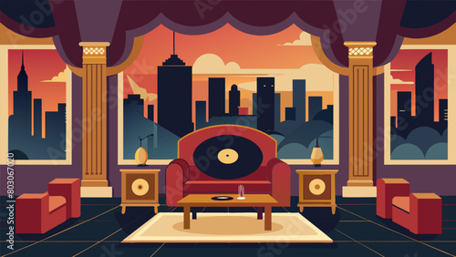 A sophisticated and opulent vinyl listening lounge with velvet ds gilded mirrors and a private balcony overlooking the city skyline for a luxurious Vector illustration