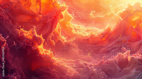 Ink drops of burnt orange and crimson flowing like lava, shaping a fantastical, dreamlike mountainscape photo