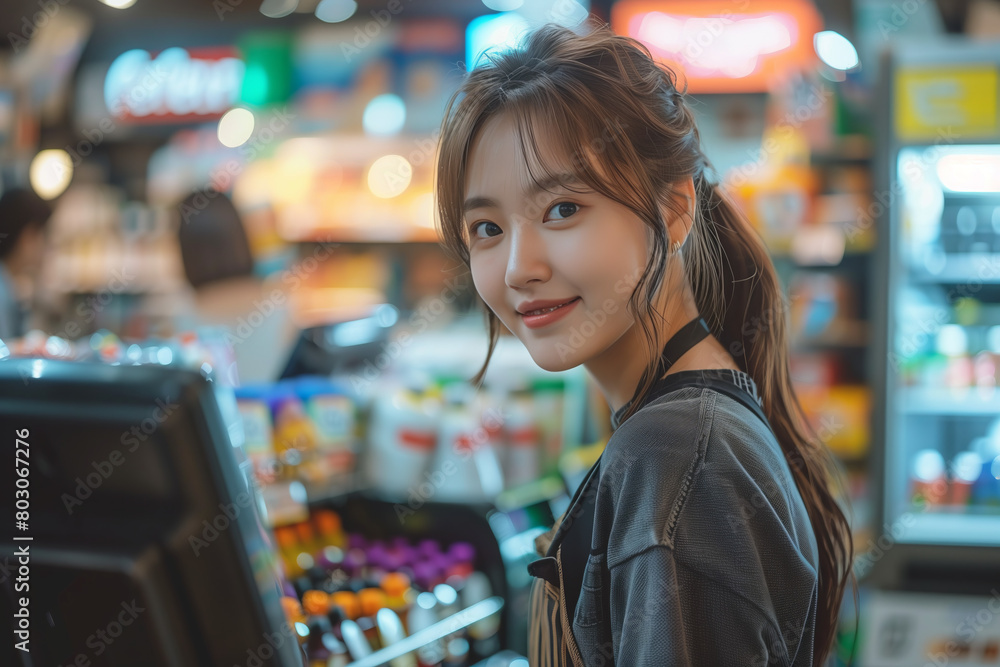 Asian female cashier working with merchandise in convenience store. Asian female cashier working with merchandise in convenience store.