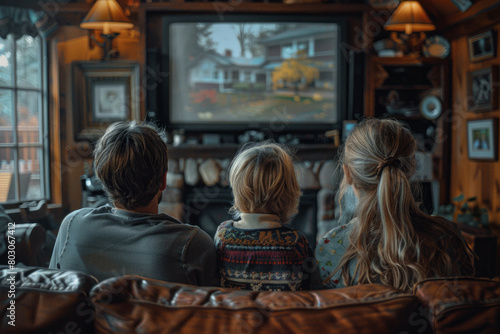 A family watching home movies together, reminiscing about past Motherâ€™s Days and memorable moments,