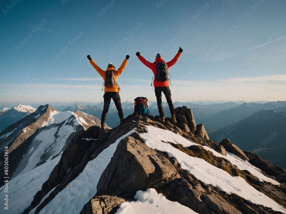 a scene of three people reaching the summit of a mountain, arms raised in triumph as they overcome obstacles together and celebrate their collective achievements.