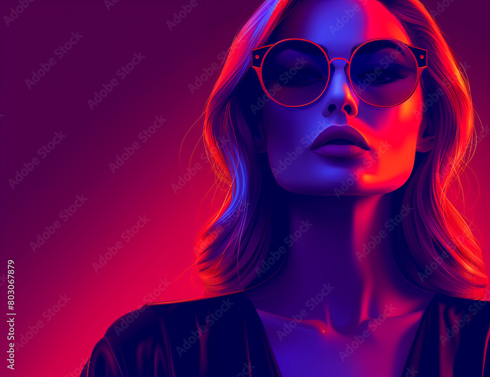 A woman is wearing sunglasses and standing in front of a red background A woman is wearing sunglasses and standing in front of a red background