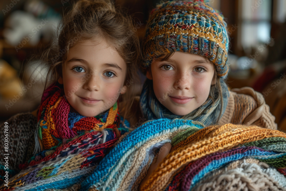 Two siblings working together to wrap a surprise gift, a scarf they knitted with their mother's favorite colors. Two siblings working together to wrap a surprise gift, a scarf they knitted with their mother's favorite colors.