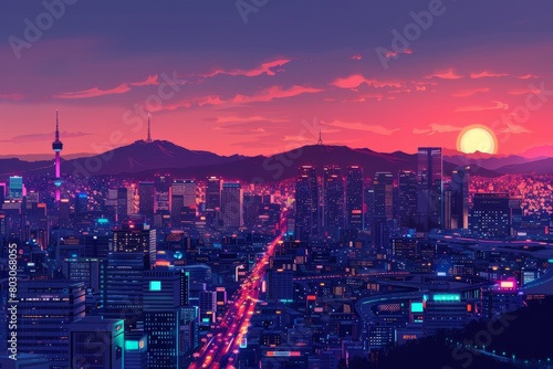 Illustration of Seoul City with vibrant colors photo