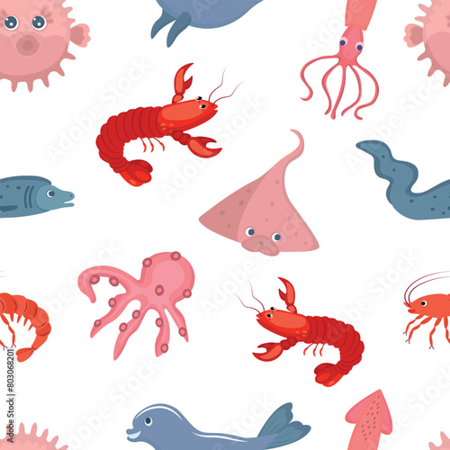 Fish characters pattern, on the theme of sea, travel, sushi food. Shrimp, squid, octopus, eel fish, dolphin, stingray, crayfish, crab, sea bladder fish. Vector illustration on a white background. © Liliy