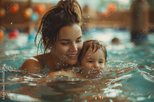 A mother and child splashing each other gently in a swimming pool  surrounded by colorful floaties 