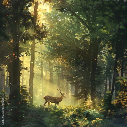 Mystic Dawn A Majestic Deer Grazing in the Misty Forest