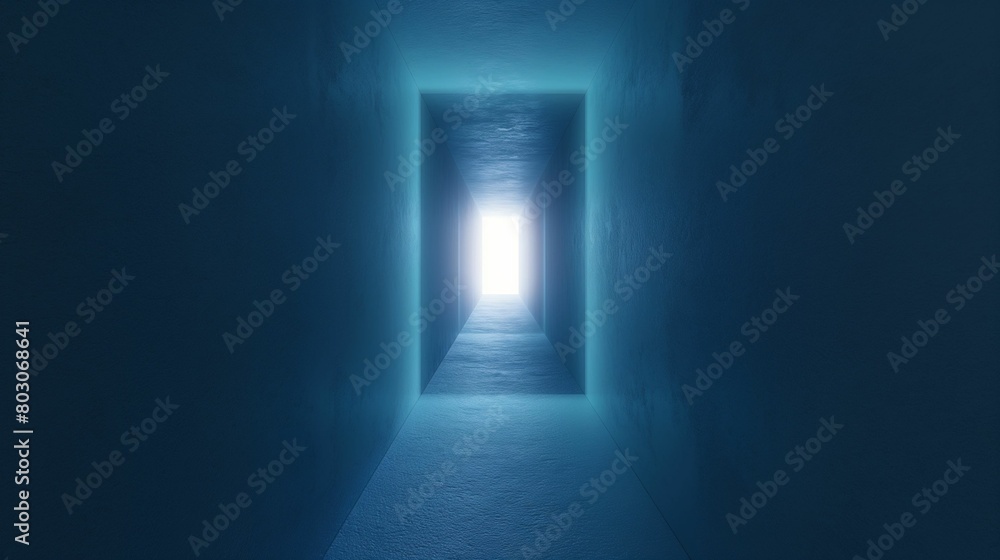 Surreal blue corridor leading to a bright light at the end.