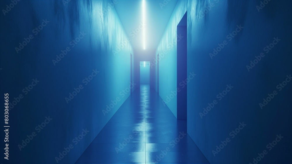 Surreal blue corridor leading to a bright light at the end.