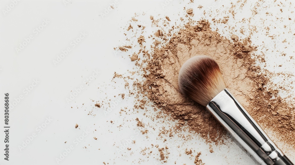 Makeup brush with loose cosmetic powder scattered on a white background. Makeup brush with loose cosmetic powder scattered on a white background.