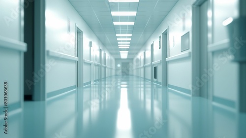 Empty hospital corridor with a modern, sterile appearance. Healthcare and medical facility concept.